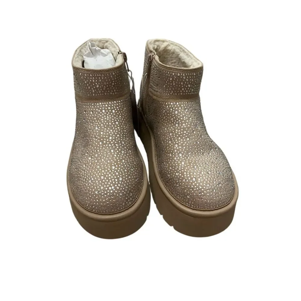Women's Beige Platform Booties Rhinestone‎ Chic Casual Zip Closure